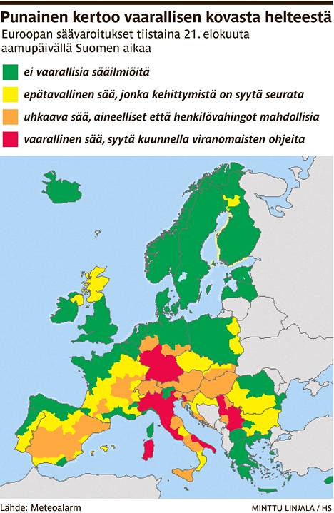Euroopan helle hehkuu punaisena varoituksissa - Ulkomaat 