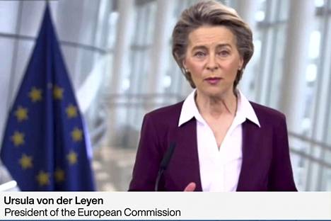 Kuvakaappaus videosta, jolla EU-komission puheenjohtaja Ursula von der Leyen puhui Maailman talousfoorumille tiistaina.