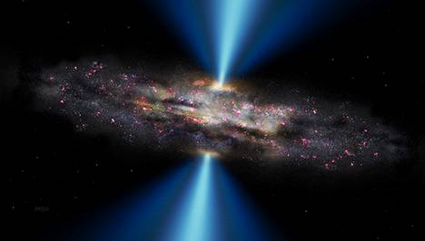 Tässä taitelijan kuvassa supermassiivinen musta aukko säteilee sinisenä, eikä se kuitenkaan hidasta emogalaksin tähtien kasvua, kuvassa violetilla.