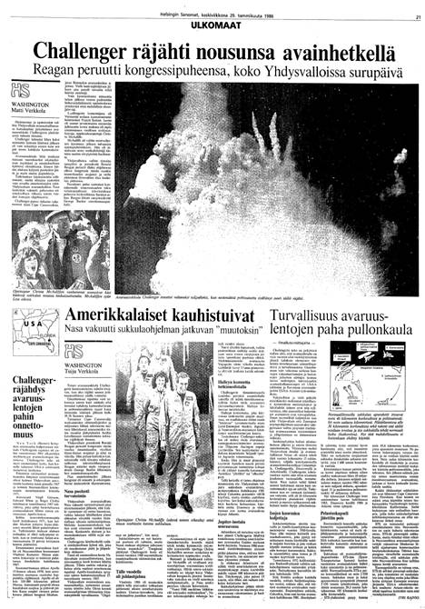 Helsingin Sanomat reported on the destruction of Challenger on January 29, 1986.