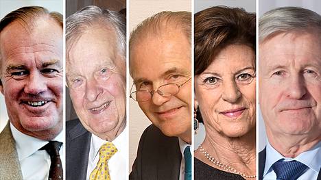 Pohjoismaiden rikkaimpien kärkiviisikko: Stefan Persson (vas.), Gustaf Douglas, Melker Schörling, Antonia Ax:son Johnson ja Carl Bennet.