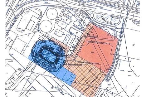 Suunniteltu areena näkyy kartassa sinisellä. Areenan eteläpuolella kulkee Vilhonvuorenkatu. Pohjoispuolella ovat Suvilahden kaasukellot.