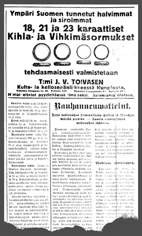 Savon Sanomat reports on December 7, 1917. In the same newspaper, there is a big advertisement for engagement and wedding rings from a gold and watchmaker's shop.