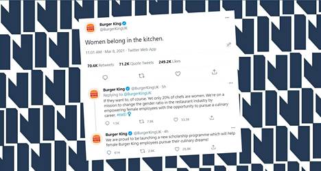Nyt.fi | Burger King mainosti uutta apurahaohjelmaansa twiittaamalla naistenpäivänä ”naiset kuuluvat keittiöön”