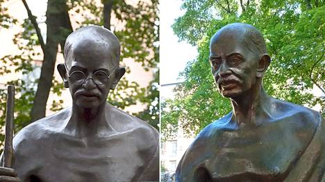 Vasemmalla Mahatma Gandhin patsas kuvattuna avajaisseremoniassa syyskuussa. Oikealla patsas tänä kesänä.