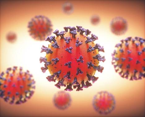 Taiteilijan näkemys koronaviruksesta. Se on oikeasti hyvin pieni, eikä viruskasasta erottuisi värejä.