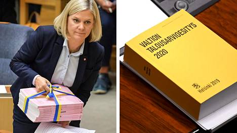 Valtiovarainministeri Magdalena Andersson (sd) kantoi Ruotsin ylijäämäistä budjettia Tukholman valtiopäivätalolla syyskuussa. Vieressä Suomen alijäämäinen budjetti.