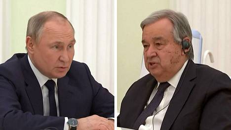 Kremlin välittämällä videolla Venäjän presidentti Vladimir Putin ja YK:n pääsihteeri António Guterres.