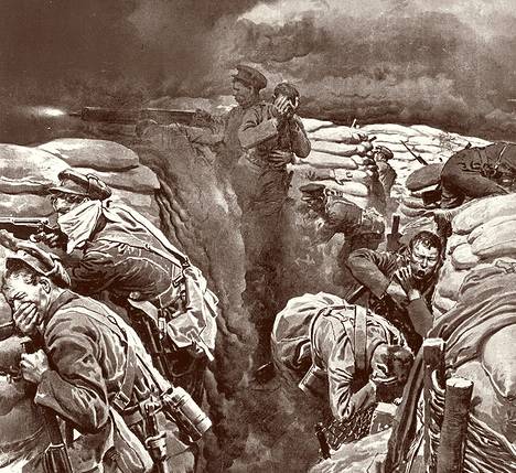 Piirros esittää kaasuhyökkäyksen kohteeksi joutuneita brittisotilaita Ypresissä huhtikuussa 1915.
