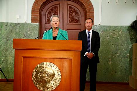 Nobel-komitean Kaci Kullmann Five julkisti Nobelin rauhanpalkinnon oikean saajan Oslossa perjantaina.