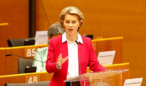 Puheenjohtaja Ursula von der Leyen esitteli komission ehdotusta 750 miljardin euron hätärahoituksesta Euroopan parlamentissa 27. toukokuuta.