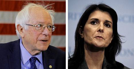Demokraattien presidenttiehdokkaaksi ilmoittautunut Bernie Sanders ja Yhdysvaltain entinen YK-lähettiläs Nikki Haley.