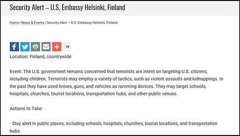 Kuvakaappaus Yhdysvaltojen Suomen-lähetystön sivuilla julkaistusta varoituksesta.