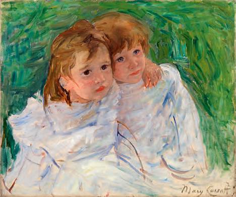 Mary Cassatt (1844– 1926): Sisarukset (n. 1885, öljy kankaalle). Cassattin maalaus rinnastuu Mari Tossavaisen mielessä Schjerfbeckin Sisarukset-teokseen. – Cassattiin maalaus kuuluu Kelvingrove-museon kokoelmiin.
