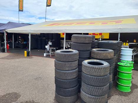 Rally tires in the service area of ​​the World Championship in Sardinia.