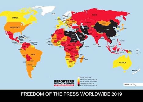 Pohjola erottuu sananvapauden kannalta parhaana alueena torstaina. julkaistussa Toimittajat ilman rajoja -järjestön 2019 World Press Freedom -indeksissä.