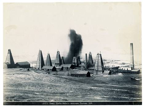 Naftaa suihkuaa Bakun lähellä 1870-luvulla.