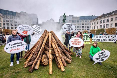 Ympäristöjärjestöjen yhteinen mielenosoitus puun polttoa vastaan oli keskellä Place du Luxembourgia Brysselissä. Taustalla EU-parlamentti.