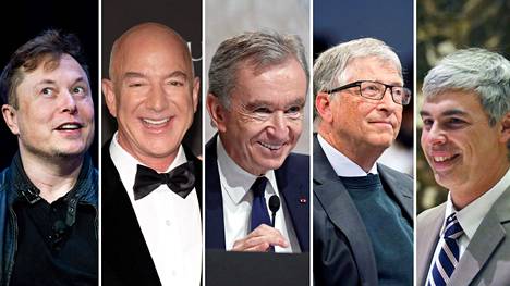 Elon Musk (vas.), Jeff Bezos, Bernard Arnault, Bill Gates ja Larry Page muodostavat viiden rikkaimman ihmisen kärjen tänä vuonna.
