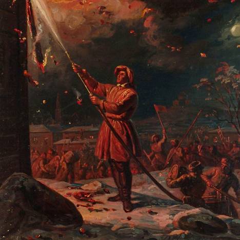 A fireman putting out the Turku fire depicted in an oil painting by Robert Wilhelm Ekman.