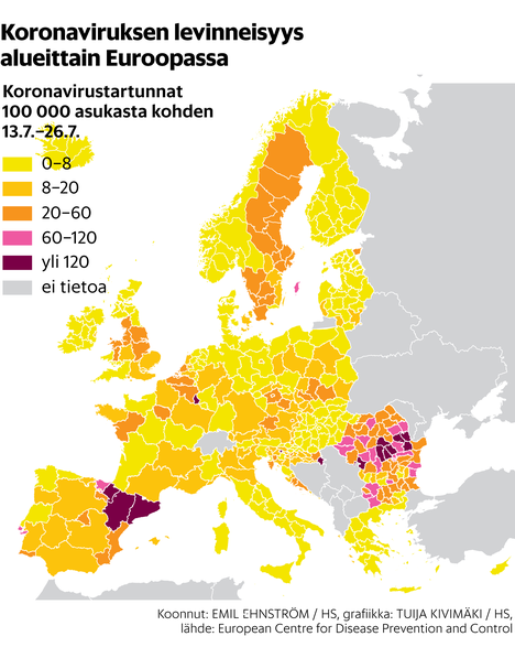 Espanjasta löytyy vaarallinen koronaviruspesäke, mutta myös yhtä  rauhallisia tartunta-alueita kuin Suomi – HS:n kartta näyttää Euroopan  maiden sisäiset alueelliset erot tautitilanteessa - Ulkomaat 