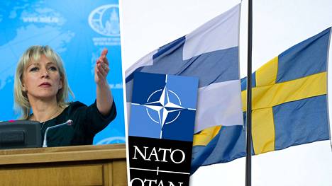 Venäjän ulkoministeriön tiedottaja Marija Zaharova, Naton logo sekä Suomen ja Ruotsin liput.