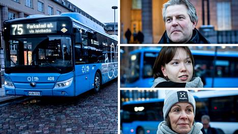 Tiistai-iltana Rautatieaseman bussiliikenne kulki vielä normaalisti. Anssi Öörni, Liia Pasanen ja Elina Hyvärinen Helsingin Rautatieasemalla.