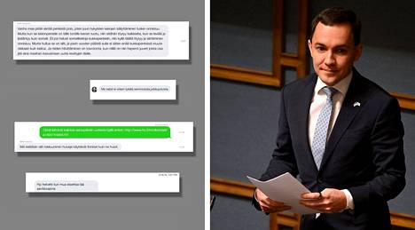 On the left, screenshots of the messages between Minister of Economy Wille Rydman (ps) and his former dating partner from 2016. On the right, Rydman at the plenary session of the parliament in Helsinki in January 2023.