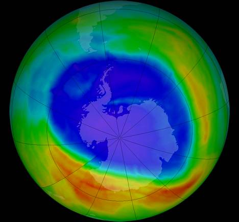 Aukot otsonikerroksessa Etelämantereen yllä vuonna syyskuussa 2014.