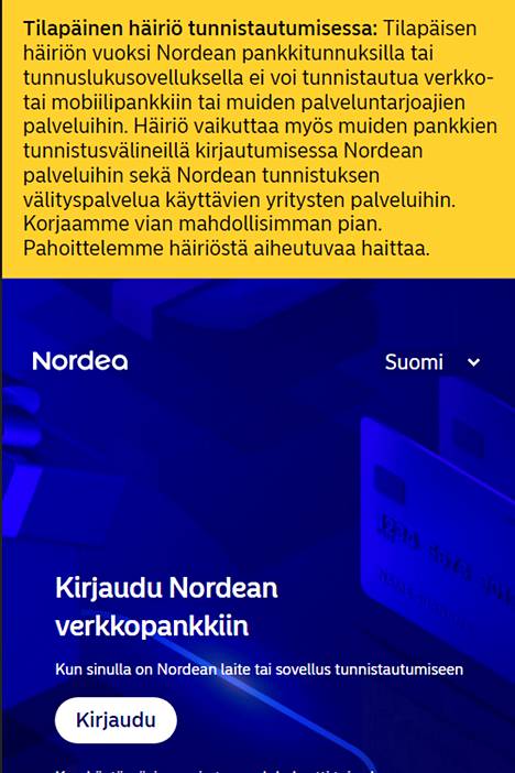 Nordea: Verkkopankin ongelmat johtuvat ulkopuolisesta häirinnästä,  palveluiden hitaus jatkuu - Talous 
