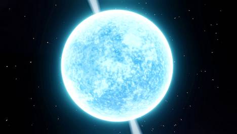 Neutronitähdet ovat kokoon puristuneita, hyvin tiheitä vanhoja tähtiä. Tämä on kuvittajan näkemys neutronitähdestä.