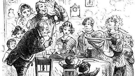 Perhe joulunvietossa noin vuonna 1840. Kalkkuna oli varakkaiden ruokaa, köyhemmille vältti hanhi. Rikkaimmat söivät joulunakin pihvilihaa.
