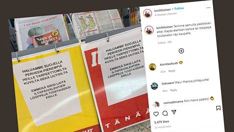 Kauppa kertoi sosiaalisessa mediassa päätöksestään piilottaa sotakuvat näkyviltä. Kuvakaappaus K-Market Littoisten Instagram-tililtä.
