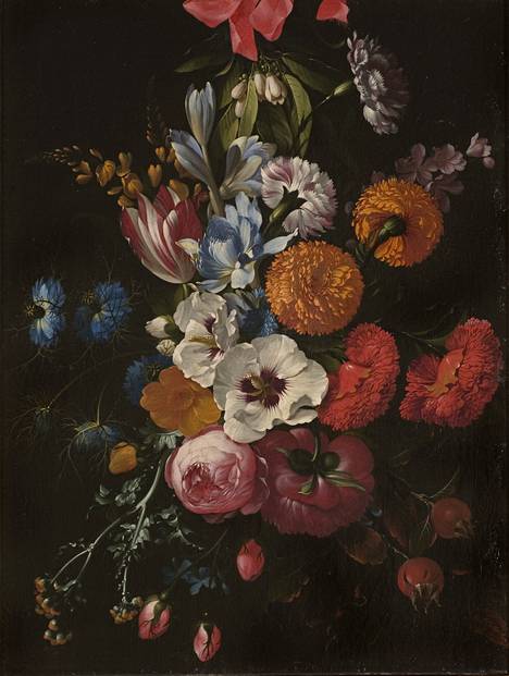 Saksalaisen Johan Johnsenin Punaisella nauhalla ripustettu kukka-asetelma (ajoittamaton) on upea esimerkki 1600-luvun asetelmataiteesta. 