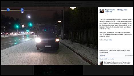Tämän kuvan ottaminen käynnisti tapahtumasarjan, joka vei Marjut Ollitervon putkaan. Hän kirjoitti tapauksesta ”Minä pysäköin pyörätielle”-ryhmään Facebookissa.