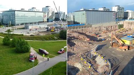 Tauno Laakso kuvasi rakennustöitä kymmenen vuoden ajan. Vasemmanpuoleisessa kuvassa on lähtötilanne vuonna 2011. Oikealla näkyy työmaa vuonna 2014.