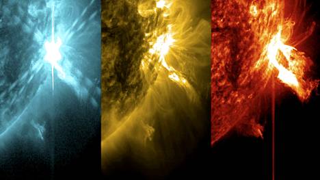 Aurinkoa seuraava observatorio SDO kuvasi Maata kiertävällä radalla Auringon roihupurkauksia 16. helmikuuta. Kuvat ovat eri aallonpituuksilta ja vääräväritettyjä. 