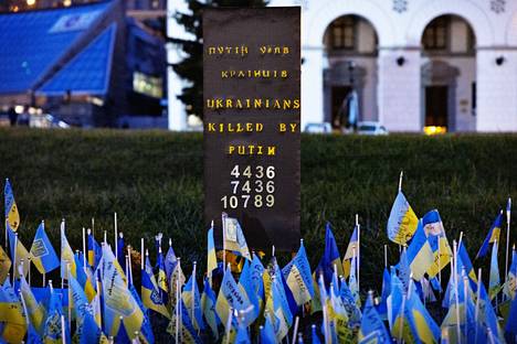 Pienet sinikeltaiset liput muistuttavat Kiovassa sodan uhrien valtavasta määrästä.