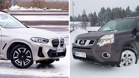 Vasemmalla uusi BMW:n sähkömaasturi, oikealla Nissanin polttomoottorimaasturi vuodelta 2010. Nissan edustaa suunnilleen suomalaisen auton keski-ikää, joka on 12,9 vuotta.