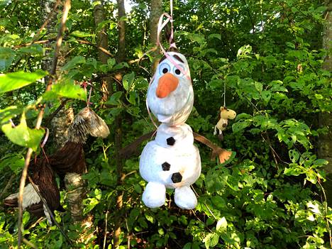 Olaf-niminen lumiukko on päässyt erikoiseen pehmoeläinpuistoon näytille Vantaan Kylmäojan varteen.