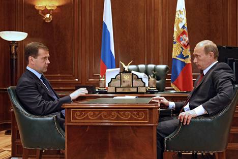 The then President of Russia, Dmitry Medvedev (left), and the country’s de facto leader, Prime Minister Vladimir Putin at the state official residence on the outskirts of Moscow in August 2008.