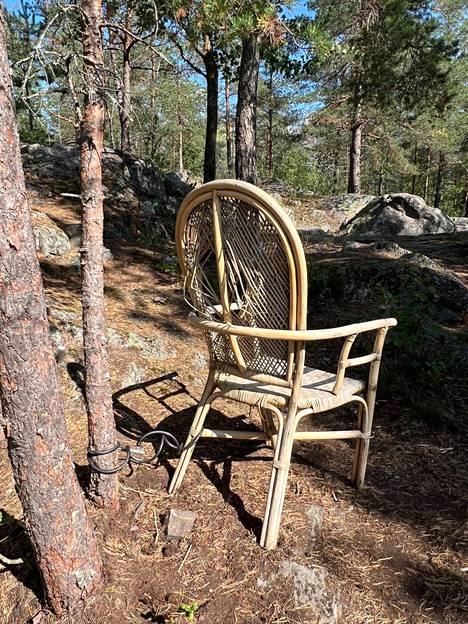 The chair is attached to the tree with a cable lock.