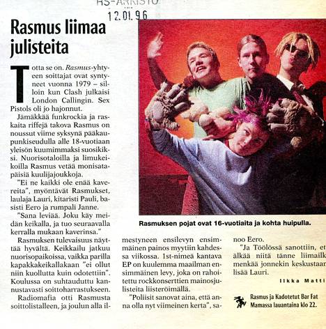 HS:n Nyt-liitteessä tammikuussa 1996 ilmestynyt juttu Rasmus-yhtyeestä.