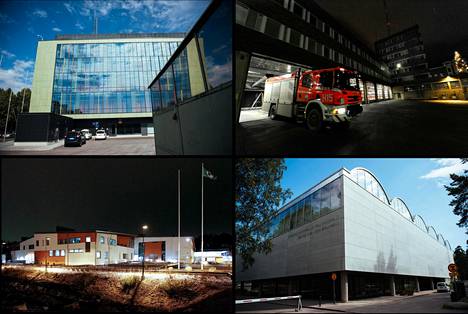 Helsingin rakennusviraston lahjuskäräjillä on puitu useita eri urakoita. Vasemmalta ylhäältä lukien Herttoniemen metrovalvomo, Kallion pelastusasema, Latokartanon peruskoulu ja Pirkkolan uima- ja palloiluhalli.
