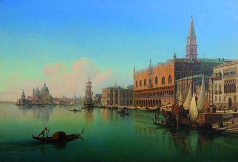 Gustaf Wilhelm Palmin maalaama Näkymä Venetsiasta (1849) on esillä salongissa. Italia oli Andersonille erittäin rakas matkakohde.