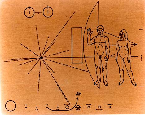 Pioneer 10:n mukana on kultainen laatta. Siinä kerrotaan, mistä luotain lähti.