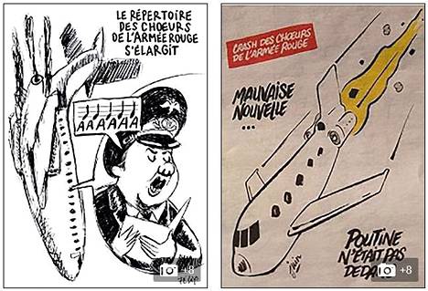 Ranskalainen satiirilehti Charlie Hebdo julkaisi keskiviikkona pilapiirroksia Venäjän puolustusvoimien lentokoneturmasta.