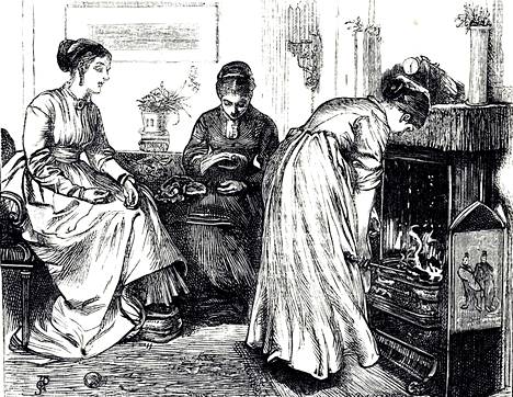 Sisäpiika sytyttämässä hiiliä tulisijaan. Kuva 1800-luvulta. 