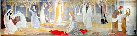 Teuvan kirkon alttaritaulun, Kymmenen neitsyttä, on maalannut Tove Jansson.