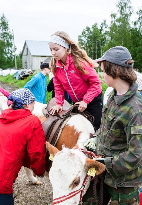 Kerimäkeläinen Jenna Karvinen pääsi ratsastamaan kyytöllä Seppälänvaaran tilalla Ilomantsissa pidetyllä lehmäleirillä.